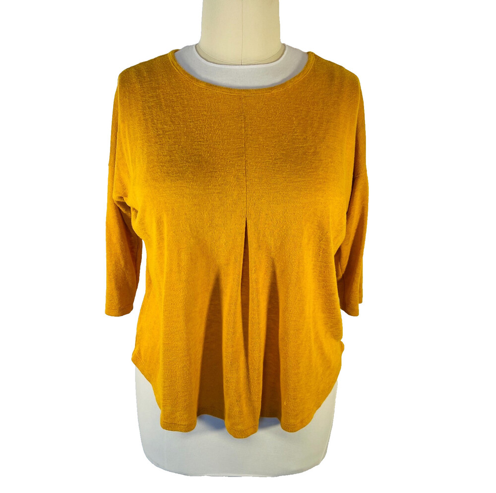 Bobeau Tunic Top Women's L Mustard Yellow 3/4 Sleeve Reverse Pleat Front Knit
